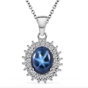 NEW Blue Star Sapphire & Moissanite Double Halo Pendant Necklace